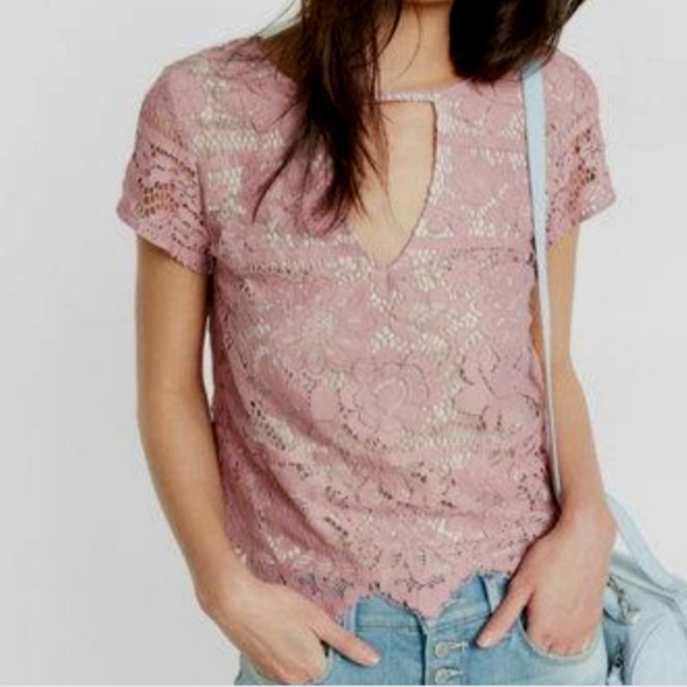 Express Mauve Purple Lace Overlay Peekaboo Neckline Short Sleeve Top